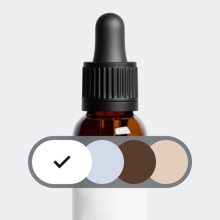 Amber dropper bottle mockup next to a brand color swatch selector