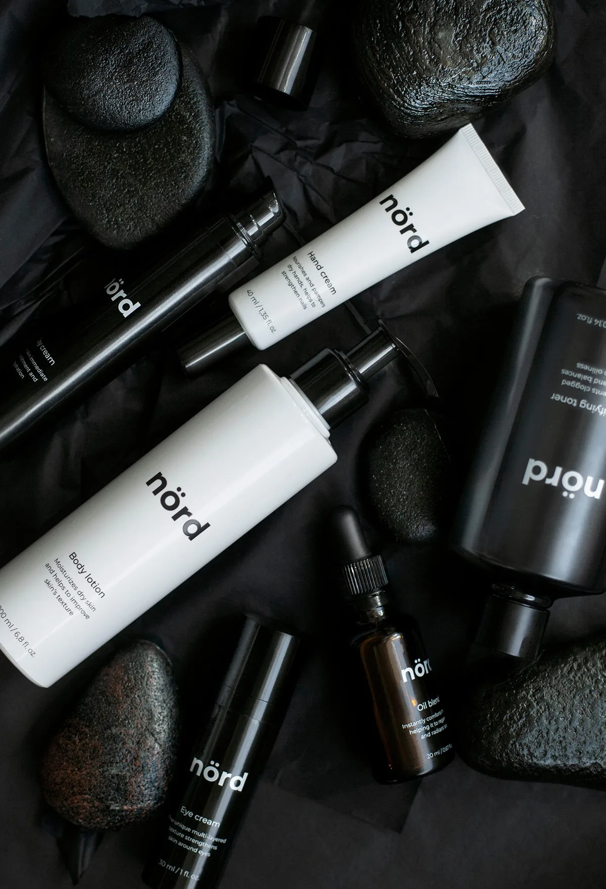 Flatlay of dark-toned cosmetic tubes and bottles for the article on top private label cosmetics products
