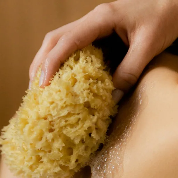 Natural sponge held against bare skin, representing a body care routine