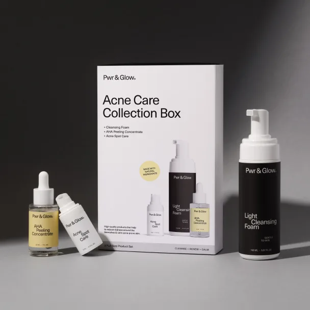 Branded skincare bundle box with an acne care collection of bottles and tubes