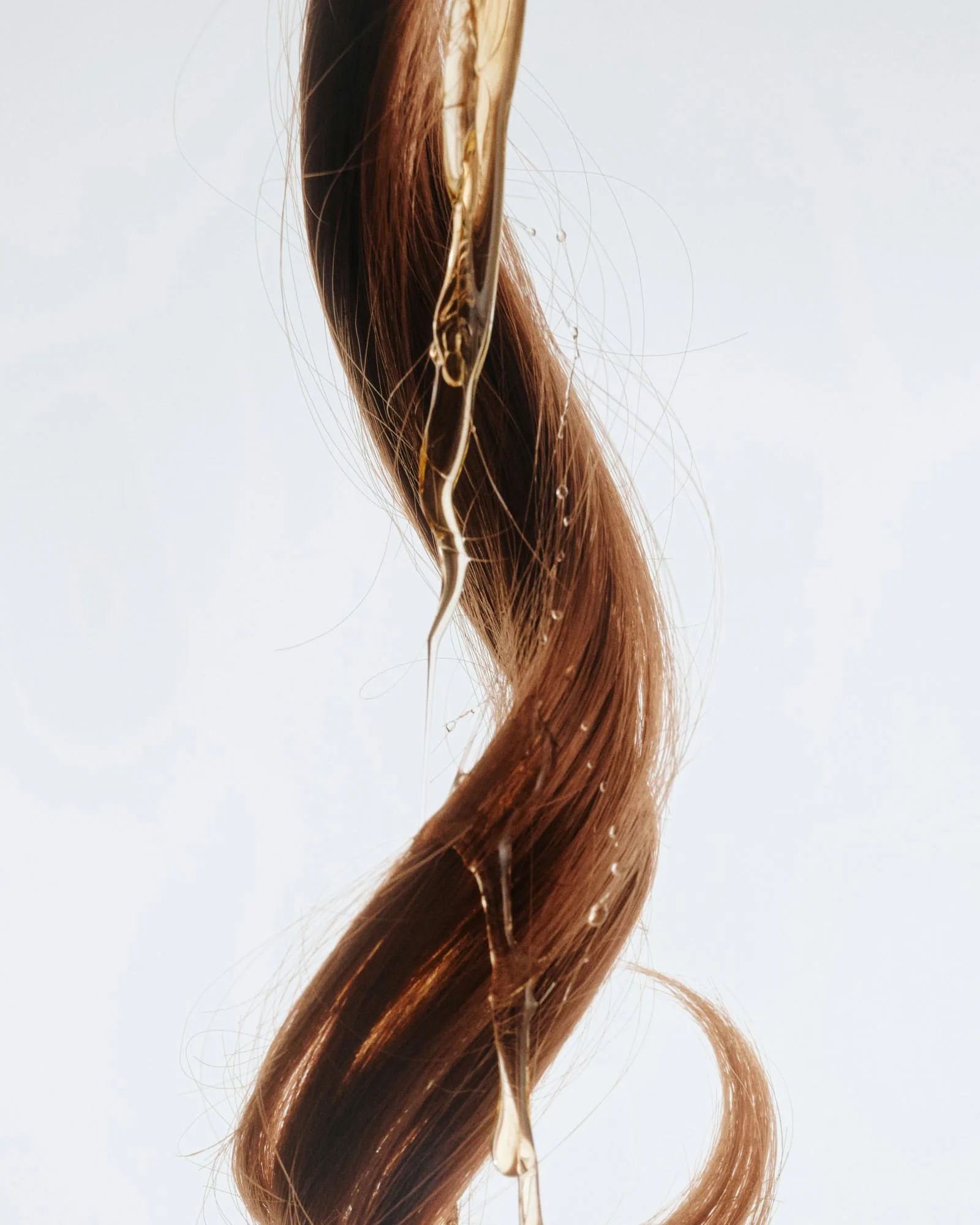 Close-up of a single twisted strand of brown hair against a light background