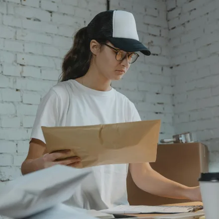 Person wearing a cap packing a product into a cardboard shipping box