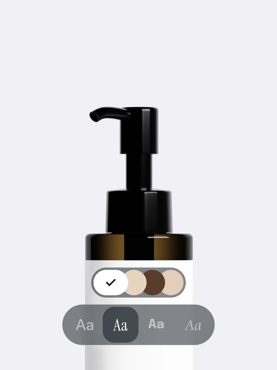 Pump bottle mockup with a brand color swatch selector and font style options