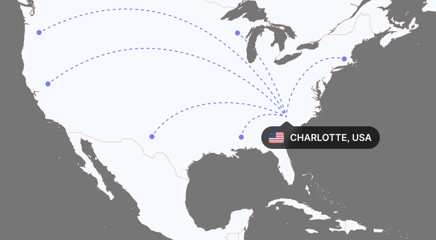 Map of North America with dotted lines connecting shipping routes to Charlotte, USA