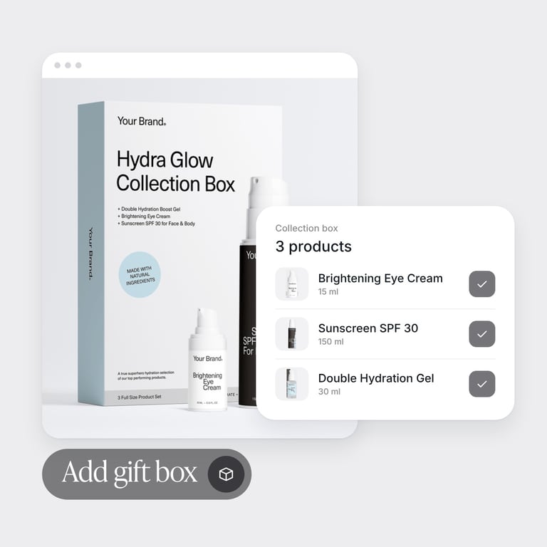 Eine Hydra-Glow-Kollektionsbox mit drei Selfnamed-Produkten und einer Schaltfläche zum Hinzufügen einer Geschenkbox