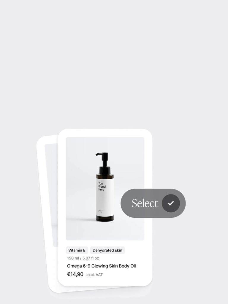 Eine Selfnamed-Sortimentskarte für ein Körperöl mit den Tags Vitamin E und Dehydrated skin