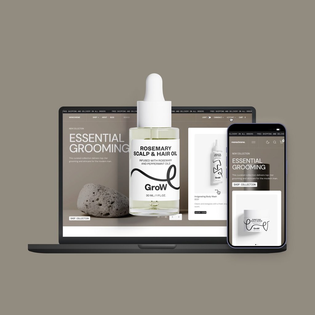 Shampooflasche mit einem Your-Brand-Here-Etikett neben Steuerelementen für Markenname, Logo-Upload und Farbe