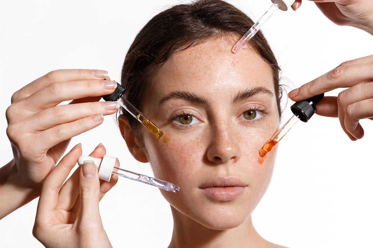 A person surrounded by private label serum droppers